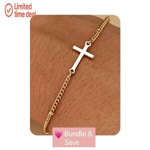 14K Gold Plated Charm Bracelet with Cross, Adjustable 6.5-8.5 Inches